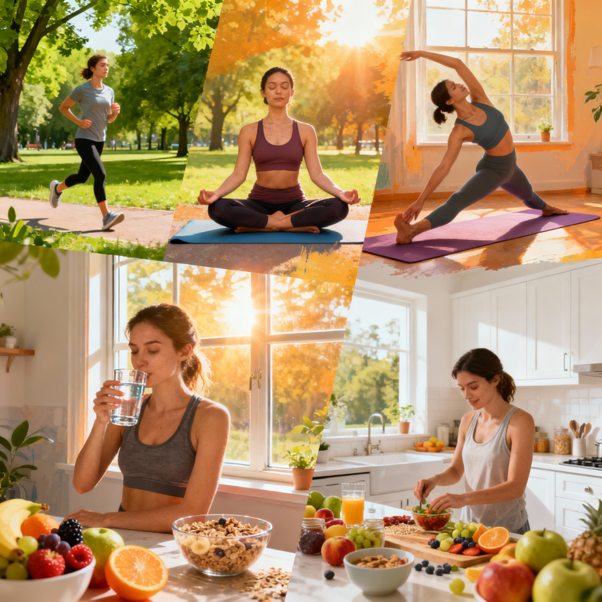 Collage of morning wellness activities